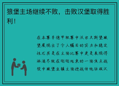 狼堡主场继续不败，击败汉堡取得胜利！
